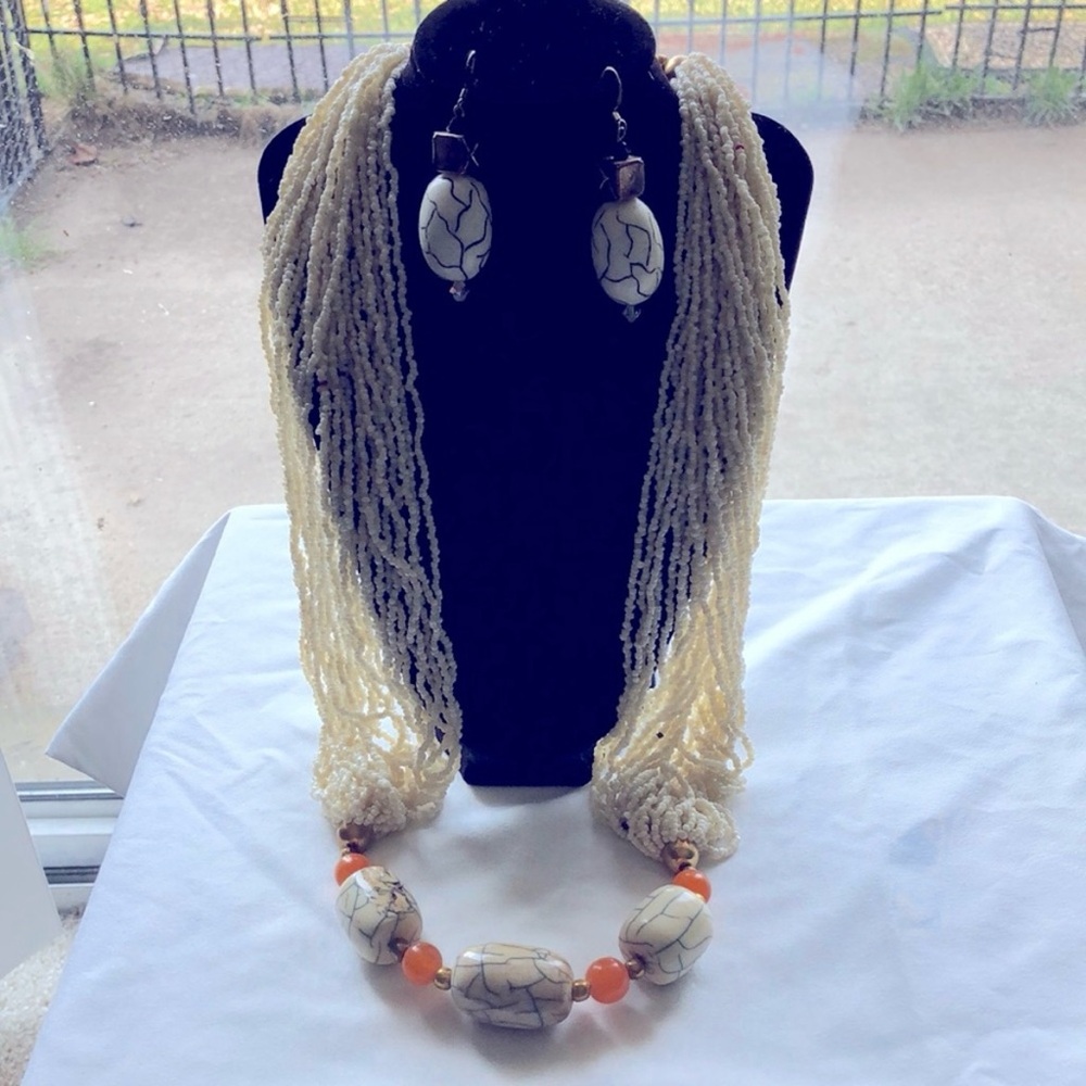 Jewelry chunky vintage beaded ivory orange Necklace and Earrings Set